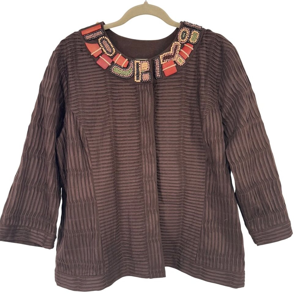 Chicos Womens Brown Textured Jacket heavy tribal Beaded  Size XL cotton lined